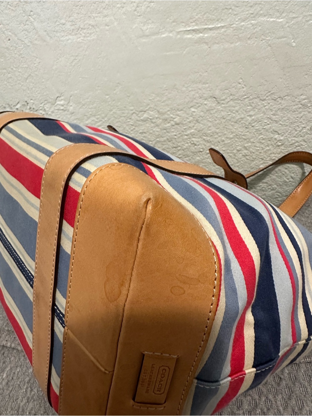 Vintage Coach Hampton Striped Canvas & Leather Blue/Red - Picture 6 of 13